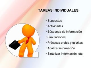 TAREAS INDIVIDUALES:

   • Supuestos
   • Actividades
   • Búsqueda de información
   • Simulaciones
   • Prácticas orales y escritas
   • Analizar información
   • Sintetizar información, etc.
 