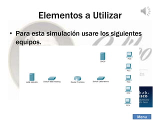 Elementos a Utilizar
• Para esta simulación usare los siguientes
equipos.
Menu
 