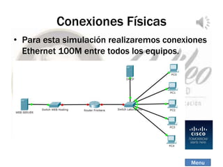 Conexiones Físicas
• Para esta simulación realizaremos conexiones
Ethernet 100M entre todos los equipos.
Menu
 