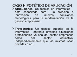 CASO HIPOTÉTICO DE APLICACIÓN

 Atribuciones: Un técnico en Informática
está capacitado para
la creación o
innovación
de
nuevos
soluciones
tecnológicas para la modernización de la
gestión empresarial.
 Trayectorias: Un técnico superior de la
Informática enfrenta diversas situaciones
profesionales ya sea del sector empresaria
como
del
sector
educativo,
independientemente que las mismas sean
privadas o no.

13

 