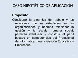 CASO HIPOTÉTICO DE APLICACIÓN
Propósito:
Considerar la dinámica del trabajo y las
relaciones que se establecen en las
organizaciones y además relacionar la
gestión y la escala humana social,
permiten identificar y construir el perfil
basado en competencias del Profesional
de Informática para la Gestión Educativa y
Empresarial.

3

 