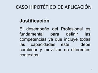CASO HIPOTÉTICO DE APLICACIÓN
Justificación
El desempeño del Profesional es
fundamental
para
definir
las
competencias ya que incluye todas
las capacidades éste
debe
combinar y movilizar en diferentes
contextos.

4

 
