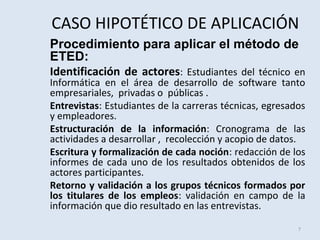CASO HIPOTÉTICO DE APLICACIÓN
Procedimiento para aplicar el método de
ETED:
Identificación de actores: Estudiantes del técnico en

Informática en el área de desarrollo de software tanto
empresariales, privadas o públicas .
Entrevistas: Estudiantes de la carreras técnicas, egresados
y empleadores.
Estructuración de la información: Cronograma de las
actividades a desarrollar , recolección y acopio de datos.
Escritura y formalización de cada noción: redacción de los
informes de cada uno de los resultados obtenidos de los
actores participantes.
Retorno y validación a los grupos técnicos formados por
los titulares de los empleos: validación en campo de la
información que dio resultado en las entrevistas.
7

 