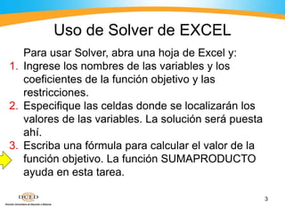 3
Para usar Solver, abra una hoja de Excel y:
1. Ingrese los nombres de las variables y los
coeficientes de la función objetivo y las
restricciones.
2. Especifique las celdas donde se localizarán los
valores de las variables. La solución será puesta
ahí.
3. Escriba una fórmula para calcular el valor de la
función objetivo. La función SUMAPRODUCTO
ayuda en esta tarea.
Uso de Solver de EXCEL
 