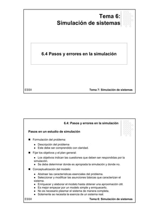 14
Tema 6:
Simulación de sistemas
6.4 Pasos y errores en la simulación
Tema 7: Simulación de sistemasESSII
6.4: Pasos y er...