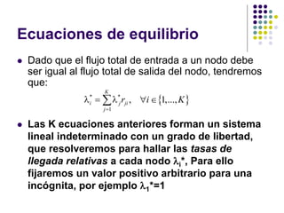 Ecuaciones de equilibrio
 Dado que el flujo total de entrada a un nodo debe
ser igual al flujo total de salida del nodo, tendremos
que:
 * *
1
, 1,...,
K
i j ji
j
r i K

l  l  
 Las K ecuaciones anteriores forman un sistema
lineal indeterminado con un grado de libertad,
que resolveremos para hallar las tasas de
llegada relativas a cada nodo li*, Para ello
fijaremos un valor positivo arbitrario para una
incógnita, por ejemplo l1*=1
 