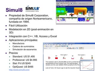Simul8
 Propiedad de Simul8 Corporation,
compañía de origen Norteamericano,
fundada en 1994.
 Fácil Utilización
 Modela...