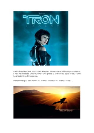 A Vida é ORGANIZADA, mas é LIVRE. Porque a natureza de DEUS impregna o universo.
E nele há liberdade. Um simulacro é uma prisão. O caminho da águia no céu é uma
herança de Deus. Um presente.

Prenda uma águia e ela morre. Sua essência é os céus, sua essência é voar.
 