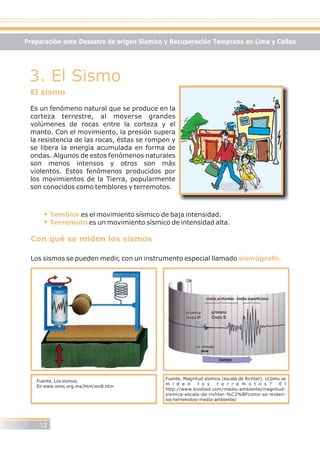 3. El Sismo
El sismo
Es un fenómeno natural que se produce en la
corteza terrestre, al moverse grandes
volúmenes de rocas entre la corteza y el
manto. Con el movimiento, la presión supera
la resistencia de las rocas, éstas se rompen y
se libera la energía acumulada en forma de
ondas. Algunos de estos fenómenos naturales
son menos intensos y otros son más
violentos. Estos fenómenos producidos por
los movimientos de la Tierra, popularmente
son conocidos como temblores y terremotos.
es el movimiento sísmico de baja intensidad.
es un movimiento sísmico de intensidad alta.
Temblor
Terremoto
Con qué se miden los sismos
sismógrafo.Los sismos se pueden medir, con un instrumento especial llamado
ondas profundasondas profundas ondas superficialesondas superficiales
primera
Onda P
primera
Onda P
primera
Onda S
primera
Onda S
un minutoun minuto
tiempo
Fuente. Los sismos.
En www.smis.org.mx/htm/sm8.htm
Fuente. Magnitud sísmica (escala de Richter). ¿Cómo se
m i d e n l o s t e r r e m o t o s ? E l
http://www.biodisol.com/medio-ambiente/magnitud-
sismica-escala-de-richter-%C2%BFcomo-se-miden-
los-terremotos-medio-ambiente/
12
Preparación ante Desastre de origen Sísmico y Recuperación Temprana en Lima y Callao
 