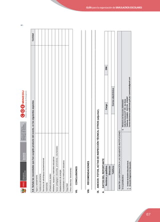 GUÍAparalaorganizacióndeSIMULACROSESCOLARES
67
5Secretaría
Genereral
OﬁcinadeDefensa
NacionalydeGestión
delRiesgodeDesastres
6.8.Señalelasnecesidadesquehansurgidoproductodelevento,enlossiguientesaspectosCantidad
Aguaysaneamiento
Asistenciaalimentaria
Serviciosdesalud/apoyosocioemocional
Vestimenta
Infraestructura(aulas)
Mobiliario,equiposymaterialeseducativos
Apoyopedagógico(docentes,promotores,voluntariado)
Abastecimientodeenergía
Accesibilidadalainstitucióneducativa
Seguridad
Otros(describabrevemente)
VII.CONCLUSIONES
_____________________________________________________________________________________________________________________________
_____________________________________________________________________________________________________________________________
VIII.RECOMENDACIONES
___________________________________________________________________________________________________________________________________________
___________________________________________________________________________________________________________________________________________
IX.ANEXOS:FOTOS,ACTASDEINSPECCIÓNTÉCNICA,OTROS(adjuntar).
X.DATOSDELREPORTANTE
NombresyapellidosCargoDNI
Dirección
TeléfonoCorreoelectrónico
REMITIRLAINFORMACIÓNALASSIGUIENTESINSTITUCIONES
Ensujurisdiccióna:
1.UnidaddeGestiónEducativalocal.
2.DirecciónRegionaldeEducación.
3.MinisteriodeEducación,ODENAGED
CalleDelComercioN°193-SanBorja
Teléfonos:2244853-2257178-4762207
Correoelectrónico:coe@minedu.gob.pe/coeminedu@gmail.com
 