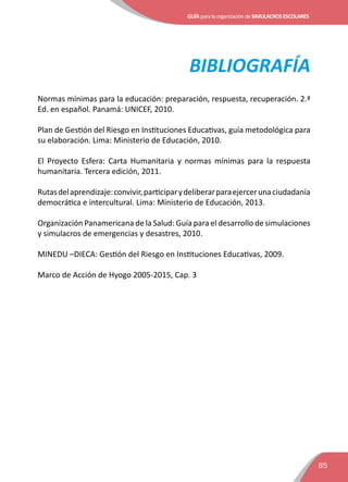 GUÍAparalaorganizacióndeSIMULACROSESCOLARES
85
BIBLIOGRAFÍA
Normas mínimas para la educación: preparación, respuesta, recuperación. 2.ª
Ed. en español. Panamá: UNICEF, 2010.
Plan de Gestión del Riesgo en Instituciones Educativas, guía metodológica para
su elaboración. Lima: Ministerio de Educación, 2010.
El Proyecto Esfera: Carta Humanitaria y normas mínimas para la respuesta
humanitaria. Tercera edición, 2011.
Rutasdelaprendizaje:convivir,participarydeliberarparaejercerunaciudadanía
democrática e intercultural. Lima: Ministerio de Educación, 2013.
Organización Panamericana de la Salud: Guía para el desarrollo de simulaciones
y simulacros de emergencias y desastres, 2010.
MINEDU –DIECA: Gestión del Riesgo en Instituciones Educativas, 2009.
Marco de Acción de Hyogo 2005-2015, Cap. 3
 