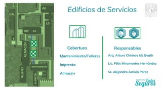 Mantenimiento/Talleres
Imprenta
Almacén
Edificios de Servicios
Cobertura
Arq. Arturo Chirinos Mc Beath
Responsables
Lic. Félix Miramontes Hernández
Sr. Alejandro Arriola Pérez
 