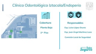 Clínica Odontológica Iztacala/Endoperio
Cobertura
Esp. Luisa López Osuna
Esp. Juan Ángel Martínez Loza
Responsables
Planta Baja
1er. Piso
Comisión Local de Seguridad
 