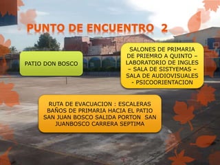 PATIO DON BOSCO
SALONES DE PRIMARIA
DE PRIEMRO A QUINTO –
LABORATORIO DE INGLES
– SALA DE SISTYEMAS –
SALA DE AUDIOVISUALES
- PSICOORIENTACION
RUTA DE EVACUACION : ESCALERAS
BAÑOS DE PRIMARIA HACIA EL PATIO
SAN JUAN BOSCO SALIDA PORTON SAN
JUANBOSCO CARRERA SEPTIMA
 
