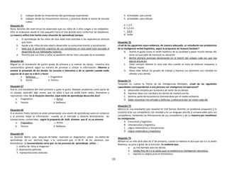 10
C. trabajar desde los lineamientos del aprendizaje espontáneo
D. trabajar desde los lineamientos teóricos y prácticos desde la teoría de escuela
nueva
Situación 65
Nora, docente del nivel inicial ha observado que sus niños de 5 años juegan a los soldaditos.
Ellos se ordenaron desde el más pequeño hacia el más grande para conformar los batallones.
La maestra utiliza este hecho como situación de aprendizaje porque:
a. El aprendizaje de los niños de esta edad esta asociado a las experiencias directas
que viven.
b. Ayuda a los niños de esta edad a desarrollar su autoconocimiento y socialización.
c. Sabe que el desarrollo cognitivo de sus estudiantes en esta edad está asociado al
desarrollo de sus habilidades motoras.
d. Permite que sus niños y niñas se apoderen de los ritos culturales de la sociedad.
Situación 66
Miguel es un estudiante de quinto grado de primaria y al realizar las tareas, muestra una
característica general según su manera de procesar y utilizar la información: Observa y
analiza la actuación de los demás, los escucha e interviene o da su opinión cuando están
seguros de lo que va a decir o hacer.
a. Reflexivo c. Pragmático
b. Activo d. Teórico
Situación 67
Ana es una estudiante del nivel primaria a quien le gusta: Resolver problemas como parte de
un equipo, aprender algo nuevo, que no sabía o que no podía hacer antes, dramatizar y
representar roles. En la situación descrita: ¿Qué estilo de aprendizaje desarrolla Ana?
a. Pragmático c. Activo
b. Teórico d. Reflexivo
Situación 68
Si al alumno Pedro Soriano le están presentando una sesión de aprendizaje sobre el comercio
y el procesa mejor la información cuando va al mercado y observa directamente las
transacciones comerciales, según la propuesta de Kolb diremos que él es un alumno:
a. Pragmático c. Activo
b. Teórico d. Reflexivo
Situación 69
La docente María Julia después de haber realizado un diagnóstico sobre los estilos de
aprendizaje de sus alumnos llega a la conclusión que el 90 % de los alumnos son
Kinestésicos la recomendación seria que en los procesos de aprendizaje utilice :
1. análisis de fotos e imágenes
2. observación películas
3. representaciones teatrales
4. actividades para pintar
5. actividades para dibujar
a. 1,2,3
b. 1,2,3,4
c. 3,4,5
d. todas
Situación 70
¿Cuál de los siguientes casos evidencia, de manera adecuada, un estudiante con predominio
de la inteligencia verbal lingüística, según la propuesta de Howard Gardner?
A. Andrés le gusta visitar el Jardín botánico de su localidad y pasar mucho tiempo allí,
tanto así que sabe de memoria su ubicación
B. Bertha siempre participa declamando en el teatrín del colegio cada vez que hay
alguna actuación
C. César siempre obtiene la nota más alta cuando se trata de elaborar maquetas o
dibujar mapas
D. Diana sabe liderar los grupos de trabajo y expresa sus opiniones con claridad sin
ofender a los demás.
Situación 71
Teniendo en cuenta la Teoría de las Inteligencias Múltiples, ¿Cuál de las siguientes
capacidades corresponderían a una persona con inteligencia intrapersonal?
A. Desarrollar empatía por la manera de sentir de los demás
B. Expresar ideas con claridad a los demás de manera escrita
C. Sentirse parte del ecosistema interesándose por el medio ambiente
D. Saber reconocer mis virtudes y defectos, y esforzarse por ser mejor cada día
Situación 72
Monica es una estudiante que resuelve en tres formas distintas un problema propuesto y lo
sustenta ante sus compañeros con claridad y en un lenguaje sencillo y comprensible para sus
compañeros, recibiendo las felicitaciones de sus compañeros y de su maestro por manifestar
las inteligencias:
A. Emocional y lingüística
B. Interpersonal y lingüística
C. Lógica matemática y interpersonal
D. Lógica matemática y lingüística
Situación 73
William es un niño de 8 años de 3° de primaria, cuando la maestra le dice que van a ir al Jardín
Botánico, se pone a gritar de la emoción. Es evidente que:
a. es mal ejemplo para los demás
b. estaba feliz de ir a la salida pues se evidencia su inteligencia naturalista.
c. expresa su alegría pues es kinestésico.
 