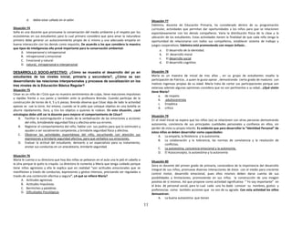 11
d. debía estar callado en el salón
Situación 74
Sofía es una docente que promueve la conservación del medio ambiente y el respeto por los
ecosistemas en sus estudiantes para lo cual primero considera que para amar la naturaleza
primero debe generar un autoconomiento propio de sí mismo y una adecuada empatía en
buena interacción con los demás como requisito, De acuerdo a los que considera la maestra
que tipos de inteligencias ella prevé importante para la conservación ambiental:
A. Interpersonal e intrapersonal
B. intrapersonal y emocional
C. Emocional y natural
D. natural, intrapersonal e interpersonal
DESARROLLO SOCIO-AFECTIVO: ¿Cómo se muestra el desarrollo del yo en
estudiantes de los niveles inicial, primaria y secundaria?, ¿Cómo se van
desarrollando las relaciones interpersonales y procesos de socialización en los
tres niveles de la Educación Básica Regular?
Situación 75
César es un niño de I Ciclo que no muestra sentimientos de culpa, tiene reacciones impulsivas
y rápidas frente a sus pares y también ante la profesora Brenda. Cuando participa de la
construcción de torres de 4, 5 y 6 piezas; Brenda observa que César deja de lado la actividad
apenas se cae la torre. Así mismo, cuando se le pide que coloque objetos en una botella se
aburre rápidamente, llora, y tira los objetos a quienes le rodean. En esta situación, ¿qué
estrategias debe utili zar la docente para mejorar el comportamiento de César?
A. Facilitar la autorregulación a través de la verbalización de las emociones y acciones
del niño, brindándole seguridad física y afectiva ante sus errores.
B. Registrar el comportamiento del niño, hablar con sus padres para que lo estimulen y
ayuden a ser socialmente competente, y brindarle seguridad física y afectiva.
C. Observar las actividades espontáneas del niño, escuchando con atención sus
expresiones y brindarle seguridad afectiva, para que verbalice sus emociones.
D. Evaluar la actitud del estudiante, derivarlo a un especialista para su tratamiento,
anotar sus conductas en un anecdotario, brindarle seguridad.
Situación 76
María le cuenta a su directora que hoy dos niñas se pelearon en el aula una le jaló el cabello a
la otra porque le quito la crayola. La directora le comenta a María que tenga cuidado porque
tiene niños agresivos y ella le explica que en realidad “son actitudes emocionales que se
manifiestan a través de conductas, expresiones y gestos intensos, precisando ser reguladas a
través de una contención afectiva y segura”. ¿A qué se refiere María?
A. Actitudes agresivas
B. Actitudes Impulsivas
C. Berrinches y pataletas
D. Dificultades Psicológicas
Situación 77
Edelmira, docente de Educación Primaria, ha considerado dentro de su programación
curricular, actividades que permitan dar oportunidades a los niños para que se relacionen
espontáneamente con los demás compañeros. Varia la distribución física de la clase y la
ubicación de los estudiantes. Estas actividades tienen la finalidad de que cada niño tenga la
oportunidad de relacionarse con todos sus compañeros, establecer sistema de trabajo y
juegos cooperativos. Edelmira está promoviendo con mayor énfasis:.
a. El desarrollo de la identidad.
b. El desarrollo moral
c. El desarrollo social
d. El desarrollo cognitivo
Situación 78
María es un maestra de inicial de tres años , en su grupo de estudiantes resalta la
participación de Patricia , a quien le gusta opinar , demostrando cierto grado de madurez con
matices ingenuas propias de su edad. María trata de cortar sus participaciones porque son
extensas además algunas opiniones considera que no son pertinentes a su edad.. ¿Qué visión
tiene María?
a. de respeto
b. adultocentrista
c. Empática
d. crítica
Situación 79
En el nivel inicial se espera que los niños (as) se relacionen con otras personas demostrando
autonomía, conciencia de sus principales cualidades personales y confianza en ellos, sin
perder de vista su propio interés. Es evidente que para desarrollar la “Identidad Personal” de
estos niños se deben desarrollar como capacidades:
A. La empatía, la Resilencia y la autonomía.
B. La colaboración y la tolerancia, las normas de convivencia y la resolución de
conflictos.
C. La autoestima, conciencia emocional y la autonomía.
D. El Autoconcepto, la autoestima y la autonomía
Situación 80
Dora es docente del primer grado de primaria, conocedora de la importancia del desarrollo
integral de sus niños, promueve diversas interacciones de éstos con el medio para creciente
control motor, desarrollo emocional, pues ellos mismos deben darse cuenta de sus
posibilidades y limitaciones; promoviendo en sus niños la construcción de una imagen
positiva de sí mismos. Así que propone como actividad significativa “ Yo soy importante” en
el área de personal social, para lo cual cada uno ha dado conocer su nombres, gustos y
preferencias como también acciones que no son de su agrado. Con esta actividad los niños
demuestran:
A. La buena autoestima que tienen
 