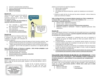 23
A. Comunica y representa ideas matemáticas.
B. Razona y argumenta generando ideas matemáticas.
C. Matematiza situaciones
D. Elabora y usa estrategias
Situación 147
Hilda es una niña quien cursa el primer grado de
primaria y para resolver una situación
matemática planteada por su maestra, piensa
de la siguiente manera:
Es evidente que HILDA esta desarrollando la
capacidad matemática denominada:
a. Esta razonando y argumentando
generando ideas matemáticas.
b. Esta comunicando y representando
ideas matemáticas.
c. Esta matematizando situaciones.
d. Esta elaborando y usando estrategias.
Situación 148
Durante el monitoreo la Directora observa que
la profesora Inés quien atiende a un aula
multigrado, ha precisado como indicadores de
evaluación lo siguiente:
a. “Elabora representaciones de hasta 20 objetos en forma concreta y pictórica” para
un grupo de niños (as) quienes aún se encuentra en el primer grado de primaria.
b. “Elabora representaciones de hasta 20 objetos en forma concreta, pictórica, gráfica
y simbólica” para los niños (as) quienes se encuentran en el segundo grado de
primaria.
Dada la situación descrita, la Directora se pregunta… ¿Qué principio pedagógico y qué
característica del currículo está atendiendo Inés?
A. Aprender Haciendo – Baja Densidad
B. Aprendizaje significativo - Pertinencia
C. Aumento progresivo de la complejidad - Gradualidad
D. Autoeficacia – Baja Densidad
Situación 149
Durante las actividades de inicio del desarrollo de una sesión de aprendizaje, la maestra
María a cargo del aula del primer grado ´propone a sus niños (as) observar y leer el
siguiente cartel:
A partir de ello, la docente promueve la
reflexión de los niños (as) para que
comuniquen el problema con sus propias
palabras, por ello plantea las siguientes preguntas:
 ¿Qué les pide el problema?
 ¿Qué significa canjear?
 ¿10 unidades del material de base diez, pueden ser canjeadas por una sola pieza?,
¿Cuál?
 Presenta la sesión del día y les dice que hoy vamos a descubrir cómo se llaman los
grupos que conforman 10 objetos.
Dado el enfoque del área y la secuencia didáctica propuesta por Polyá y empleada por
la docente Maria, es evidente que la maestra está incidiendo en la ……………………..
desarrollando la capacidad matemática………………………………
A. Elaborar un plan – Matematiza situaciones
B. Ejecutar un plan – Elabora y usa estrategias
C. Comprender el problema – Comunica y representa ideas matemáticas
D. Reflexionar haciendo la verificación – Razona y argumenta generando ideas
matemáticas.
Situación 150
En la IE “Jorge Basadre Grohmann” los docentes del mismo grado buscan que sus estudiantes
desarrollen su capacidad de clasificación. ¿Cuál de las siguientes alternativas considera mejor
las actividades de un docente mediador?
a. El docente Silverio, ha preparado un cuestionario para que los estudiantes lo
respondan por grupos de trabajo leyendo los libros que pueden solicitar de la
biblioteca de la IE.
b. La docente Marcela, les presenta a sus estudiantes diversas láminas en las que se
encuentran plantas propias de la localidad y les pide que se fijen en cómo están
conformadas (raíz, tallo, hojas, flores).
c. La docente Rosa, ha sacado a sus estudiantes a los alrededores del local institucional y
les pide que observen las plantas para que luego en el aula, a través de preguntas,
lleguen a caracterizar lo que observaron.
d. La docente Ana María, ha llevado al aula una serie de plantas más comunes y les pide
a sus estudiantes que las agrupen y pongan nombres a cada grupo seleccionado..
EVALUACIÓN COMO PROCESO DE MEJORA DE LOS APRENDIZAJES: ¿Cuáles
son las funciones de la evaluación?, ¿Qué finalidades cumple la evaluación en
el sistema educativo?, ¿Qué enfatizar en una evaluación por competencias?.
Situación 151
Martina está leyendo un texto y de pronto repara que no lo está comprendiendo del todo, por
eso vuelve a leer un par de párrafos, subraya las ideas principales y hace anotaciones al
margen de la página. ¿Qué proceso permitió a Martina darse cuenta que no estaba
comprendiendo el texto?
A. Memoria a corto plazo C. Percepción
B. Memoria a largo plazo D. Autorregulación
 