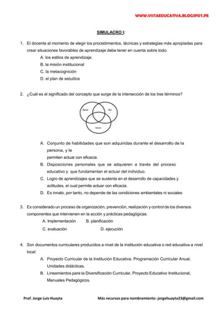 WWW.VISTAEDUCATIVA.BLOGSPOT.PE
Prof. Jorge Luis Huayta Más recursos para nombramiento: jorgehuayta23@gmail.com
SIMULACRO I:
1. El docente al momento de elegir los procedimientos, técnicas y estrategias más apropiadas para
crear situaciones favorables de aprendizaje debe tener en cuenta sobre todo:
A. los estilos de aprendizaje.
B. la misión institucional
C. la metacognición
D. el plan de estudios
2. ¿Cuál es el significado del concepto que surge de la intersección de los tres términos?
A. Conjunto de habilidades que son adquiridas durante el desarrollo de la
persona, y le
permiten actuar con eficacia.
B. Disposiciones personales que se adquieren a través del proceso
educativo y que fundamentan el actuar del individuo.
C. Logro de aprendizajes que se sustenta en el desarrollo de capacidades y
actitudes, el cual permite actuar con eficacia.
D. Es innato, por tanto, no depende de las condiciones ambientales ni sociales
3. Es considerado un proceso de organización, prevención, realización y control de los diversos
componentes que intervienen en la acción y prácticas pedagógicas:
A. Implementación B. planificación
C. evaluación D. ejecución
4. Son documentos curriculares producidos a nivel de la institución educativa o red educativa a nivel
local:
A. Proyecto Curricular de la Institución Educativa. Programación Curricular Anual,
Unidades didácticas.
B. Lineamientos para la Diversificación Curricular, Proyecto Educativo Institucional,
Manuales Pedagógicos.
 