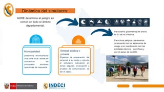 Entidad pública o
privada
Organiza la preparación del
personal a su cargo y ejecuta
el simulacro (ubicación en
zonas seguras, evacuación y
pruebas de comunicación, de
ser el caso)..
Dinámica del simulacro:
GORE determina el peligro en
común en todo el ámbito
departamental.
Determina mínimamente
una zona focal, donde se
concentran las
principales acciones
operativas de respuesta.
Municipalidad
Para sismo: parámetros del anexo
Nº 01 de la Directiva.
Para otros peligros: parámetros
de acuerdo con los escenarios de
riesgo o en coordinación con las
entidades técnico - científicas y
con el apoyo de las DDI.
 