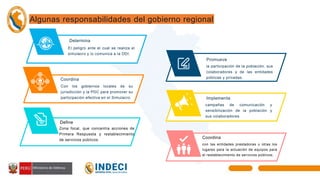 Define
Zona focal, que concentra acciones de
Primera Respuesta y restablecimiento
de servicios públicos.
Promueve
la participación de la población, sus
colaboradores y de las entidades
públicas y privadas.
Determina
El peligro ante el cual se realiza el
simulacro y lo comunica a la DDI.
Implementa
campañas de comunicación y
sensibilización de la población y
sus colaboradores.
Coordina
Con los gobiernos locales de su
jurisdicción y la PDC para promover su
participación efectiva en el Simulacro.
Coordina
con las entidades prestadoras u otras los
lugares para la actuaciòn de equipos para
el restablecimiento de servicios públicos.
Algunas responsabilidades del gobierno regional
 