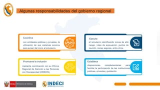 Coordina
con entidades públicas y privadas, la
utilización de sus sistemas sonoros
para avisar del inicio al simulacro.
Promueve la inclusión
mediante coordinación con su Oficina
Regional de Atención a las Personas
con Discapacidad (OREDIS).
Ejecuta
el simulacro identificando zonas de alto
riesgo, rutas de evacuación, puntos de
reunión, zonas seguras, entre otros.
Establece
disposiciones complementarias para
facilitar la participación de las instituciones
públicas, privadas y población.
Algunas responsabilidades del gobierno regional
 