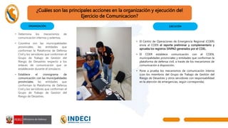¿Cuáles son las principales acciones en la organización y ejecución del
Ejercicio de Comunicacion?
• Determina los mecanismos de
comunicación internos y externos.
• Coordina con las municipalidades
provinciales, las entidades que
conforman la Plataforma de Defensa
Civil y los servidores que conforman el
Grupo de Trabajo de Gestión del
Riesgo de Desastres respecto a los
enlaces de comunicación que se
establecerán durante el simulacro.
• Establece el cronograma de
comunicación con las municipalidades
provinciales, las entidades que
conforman la Plataforma de Defensa
Civil y los servidores que conforman el
Grupo de Trabajo de Gestión del
Riesgo de Desastres.
EJECUCIÓN
• El Centro de Operaciones de Emergencia Regional (COER)
envía al COEN el reporte preliminar y complementario y
aprueba los registros SINPAD generados por el COEL.
• El COER establece comunicación con el COEN,
municipalidades provinciales y entidades que conforman la
plataforma de defensa civil, a través de los mecanismos de
comunicación a disposición.
• Pone a prueba los mecanismos de comunicación interna
(con los miembros del Grupo de Trabajo de Gestión del
Riesgo de Desastres y otros servidores con responsabilidad
en la atención de emergencias, según corresponda).
ORGANIZACIÓN
 