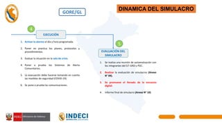 EVALUACIÓN DEL
SIMULACRO
1. Se realiza una reunión de autoevaluación con
los integrantes del GT-GRD y PDC.
2. Realizar la evaluación de simulacros (Anexo
N° 09).
3. Se promueve el llenado de la encuesta
digital.
4. Informe final de simulacro (Anexo N° 10)
5
EJECUCIÓN
4
1. Activar la alarma el día y hora programada.
2. Poner en practica los planes, protocolos y
procedimientos.
3. Evaluar la situación en la sala de crisis.
4. Poner a prueba los Sistemas de Alerta
Comunitarios.
5. La evacuación debe hacerse tomando en cuenta
las medidas de seguridad (COVID-19).
6. Se pone a prueba las comunicaciones.
GORE/GL
DINAMICA DEL SIMULACRO
 