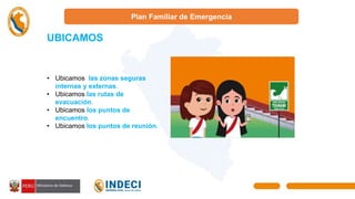 Plan Familiar de Emergencia
UBICAMOS
I
U
• Ubicamos las zonas seguras
internas y externas.
• Ubicamos las rutas de
evacuación.
• Ubicamos los puntos de
encuentro.
• Ubicamos los puntos de reunión.
 