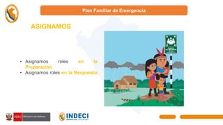 Plan Familiar de Emergencia
ASIGNAMOS
E
• Asignamos roles en la
Preparación
• Asignamos roles en la Respuesta.
 