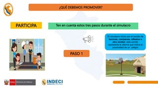 ¿QUÉ DEBEMOS PROMOVER?
PARTICIPA Ten en cuenta estos tres pasos durante el simulacro
PASO 1
El simulacro inicia con el sonido de
bocinas, campanas, silbatos u
otro similar; este sonido
representa la alarma que indica la
proximidad de un peligro
 