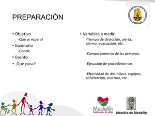 PREPARACIÓN
• Objetivo
-Que se espera?
• Escenario
-Donde
• Evento
• -Que pasa?
• Variables a medir
-Tiempo de detección, alerta,
alarma, evacuación, etc.
-Comportamiento de las personas.
-Ejecución de procedimientos.
-Efectividad de distintivos, equipos,
señalización, sistemas, etc.
 