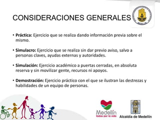 CONSIDERACIONES GENERALES
• Práctica: Ejercicio que se realiza dando información previa sobre el
mismo.
• Simulacro: Ejercicio que se realiza sin dar previo aviso, salvo a
personas claves, ayudas externas y autoridades.
• Simulación: Ejercicio académico a puertas cerradas, en absoluta
reserva y sin movilizar gente, recursos ni apoyos.
• Demostración: Ejercicio práctico con el que se ilustran las destrezas y
habilidades de un equipo de personas.
 
