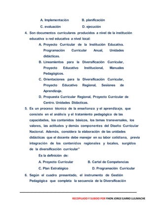 A. Implementación B. planificación
C. evaluación D. ejecución
4. Son documentos curriculares producidos a nivel de la inst...