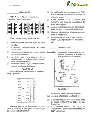 144    BIOLOGIA



__________ Questão 29                             (1)   A codificação de mensagens no RNA
                                                        men-sageiro é representada através de
    O DNA é a molécula que subsidia o                   seis sím-bolos.
provér-bio: “Vida procria vida”.                  (2)   Cada aminoácido é codificado por
                                                        somen-te uma trinca de nucleotídeos do
                                                        RNA men-sageiro.
                                                  (3)   A trinca nucleotídica AAG, na molécula de
                                                        DNA, codifica o aminoácido fenilalanina.
                                                  (4)   O códon UUA codifica a leucina, apenas,
                                                        ente os vertebrados.
                                                  (5)   A substituição da uracila por citosina, no
      O processo mostrado na ilustração
                                                        códon CCU, implica alteração na informa-
(1)    ocorre durante qualquer etapa do ciclo           ção.
       ce-lular.
(2)    é realizado, exclusivamente, por seres     _________ Questões 31 e 32
       eucariontes.
(3)    depende de enzimas com ação restrita       Instrução – A ilustração esquematiza um me-
       ao citoplasma celular.                                 canismo biológico envolvido no
(4)    possibilita que, no processo mitótico,                 flu-xo da informação genética.
       célu-las-mãe e células-filhas tenham
       igual ma-terial genético.
(5)    baseia-se na associação códon/anticódon,
       durante as sínteses biológicas.
_____________Questão 25
    A figura mostra, parcialmente, a tabela do
código genético.




                                                  _________ Questão 31

                                                      Um aspecto no processo representado
                                                  que assegura a fidelidade na Etapa I, é:

                                                  (01) a complementariedade específica entre
                                                       as bases do filamento de DNA e de seu
                                                       trans-crito.
    Considerando-se os dados e os conheci-        (2) o      estabelecimento      de     ligações
mentos relativos à linguagem da informação             “fosfodiéster” específicas realizadas pela
ge-nética, é correto afirmar:                          RNA polimerase.
 