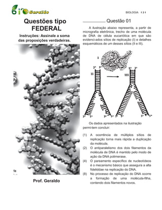 BIOLOGIA 1 3 1


                               ___________ Questão
   Questões tipo                                             01
     FEDERAL                       A ilustração abaixo representa, a partir de
                               micrografia eletrônica, trecho de uma molécula
 Instruções: Assinale a soma   de DNA de célula eucariótica em que são
das proposições verdadeiras.   evidenci-ados sítios de replicação (I) e detalhes
                               esquemáticos de um desses sítios (II e III).




                                   Os dados apresentados na ilustração
                               permi-tem concluir:

                               (1)   A ocorrência de múltiplos sítios de
                                     replicação torna mais rápida a duplicação
                                     da molécula.
                               (2)   O antiparalelismo dos dois filamentos da
                                     molécula de DNA é mantido pelo modo de
                                     ação da DNA polimerase.
                               (4)   O pareamento específico de nucleotídeos
                                     é o mecanismo básico que assegura a alta
                                     fideliddae na replicação do DNA.
                               (8)   No processo de replicação do DNA ocorre
                                     a formação de uma molécula-filha,
       Prof. Geraldo                 contendo dois filamentos novos.
 