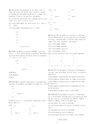 22 (Vunesp-SP) O movimento de um corpo ocorre                         c)e)            V (m)                           V (m)

sobre um eixo x, de acordo com o gráfico, em que                            10                                 10

as distâncias são dadas em metros e o tempo, em
                                                                             0                                  0
segundos. A partir do gráfico, determine:                                                2468t (s)                    2468t (s)

a)a distância percorrida em 1 segundo entre o ins-                         V 10                              e 10
tante t1 n 0,5 s e t2 d 1,5 s;
                                                              0,0 s e d)
                                                                                     V (m)
b)a velocidade média do corpo entre t1 n
                                                                           10
t2    2,0s;
c)a velocidade instantânea em t t                     2,0s.                  0
                                                                                        2468t (s)
                                                                           V 5
            x (m)

                40
                                                                      25 (Fuvest-SP) Os gráficos referem-se a movimen-
                30                                                    tos unidimensionais de um corpo em tres situações
                20
                                                                      diversas, representando a posição como função do
                                                                      tempo. Nas tres situações, são iguais
                10
                                                                      a)as velocidades médias.
                        0,51,01,52,00t (s)                            b)as velocidades máximas.
                                                                      c)as velocidades iniciais.
23 (UFRN) Um móvel se desloca em MRU, cujo grá-   d)as velocidades finais.
fico v t está representado no gráfico. Determine oe)os valores absolutos das velocidades máximas.
valor do deslocamento do móvel entre os instantes  x               x              x
t l 2,0 s e t c 3,0 s.                             a               a              a

            v (m/s)                                                    a                             a                   a
                                                                       2                             2                   2
                10
                                                                       0         b       bt (s)      0   b   bt (s)      0        b   bt (s)
                                                                                 3                       2                        3

                           12340t (s)
                                                                      26 (FEI-SP) No movimento retilíneo uniformemente
a)0d)30 m                                                             variado, com velocidade inicial nula, a distância
b)10 me)40 m                                                          per-
                                                                      corrida é:

c)20 m                                                                a)diretamente proporcional ao tempo de percurso
                                                                      b)inversamente proporcional ao tempo de percurso
24 (UFLA-MG) O gráfico representa a variação das  c)diretamente proporcional ao quadrado do tempo
posições de um móvel em função do tempo (s a f(t)). percurso
                                                  de
   S (m)                                          d)inversamente proporcional ao quadrado do tem-
     10                                           po de percurso
                                                                      e)diretamente proporcional à velocidade
        0
                12345678t (s)
                                                            27 (UEPG-PR) Um passageiro anotou, a cada minu-
    v 10                                                    to, a velocidade indicada pelo velocímetro do táxi
                                                            em que viajava; o resultado foi 12km/h, 18km/h,
O gráfico de v m            t que melhor representa o movi- 24km/h e 30km/h. Pode-se afirmar que:
mento dado, é:                                                        a)o movimento do carro é uniforme;
a)b)                                                                  b)a aceleração média do carro é de 6km/h, por mi-
        V (m)                                 V (m)

  10                                    10
                                                                      nuto;
   5                                      5                           c)o movimento do carro é retardado;
   0                                      0                           d)a aceleração do carro é 6km/h2;
            2468t (s)                           2468t (s)
  S 5                                   V 5
                                                                      e)a aceleração do carro é 0,1km/h, por segundo.


                                                                                               SIMULADÃO
                                                                                              7
 