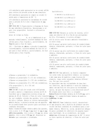 c)A substância pode apresentar-se no estado sólido
                                                        AparelhoPotencia
para valores de pressão acima de uma atmosfera.
d)A substância apresenta-se sempre no estado lí-           17 500 BTU/h (ou 0,525 kcal/s)
quido para a temperatura de 20 °C.                         210 000 BTU/h (ou 0,700 kcal/s)
e)A substância apresenta-se em mudança de estado
                                                          312 000 BTU/h (ou 0,840 kcal/s)
para a pressão de 5,1 atm e temperatura de ‫ﶸ‬
10°C.                                                     418 000 BTU/h (ou 1,260 kcal/s)
397 (ESAL-MG) A figura mostra o diagrama de fases
                                                          521 000 BTU/h (ou 1,470 kcal/s)
de uma substância hipotética. Apresentamos a se-
guir tres proposições. Assinale a alternativa
correta. diagrama apresenta uma substância que di- 399 (UFOP-MG) Durante as noites de inverno, utili-
III – O
minui de volume na fusão.                          zamos um cobertor de lã a fim de nos protegermos
                     A,
III – Partindo do ponto se a temperatura é au-     do frio. Fisicamente, é correto afirmar:
mentada isobaricamente, ocorrerá mudança da fase     a)A lã retira calor do meio ambiente fornecendo-o
sólida para a fase líquida e, posteriormente, da     ao nosso corpo.
fase
líquida para a fase de vapor.                        b)A lã possui um baixo coeficiente de condutividade
                    B , se
III – Partindo do ponto a pressão é aumentada        térmica, diminuindo, portanto, o fluxo de calor para
isotermicamente, ocorrerá mudança da fase de va-     o ambiente.
por para a fase sólida e, posteriormente, da fase c)A lã possui um alto coeficiente de condutividade
sólida para a fase líquida.                       térmica, diminuindo, portanto, o fluxo de calor para
                                                  o ambiente.
                        p
                                                     d)A lã possui um baixo coeficiente de condutividade
          A                                          térmica, aumentando, portanto, o fluxo de calor para
                                                     o ambiente.
                                                     e)A lã possui um alto coeficiente de condutividade
                  B
                                                     térmica, aumentando, portanto, o fluxo de calor para
                                                     o ambiente.
                                   0‫ﶸ‬

                                                   400 (PUC-SP) Num ambiente, os objetos componen-
a)Apenas a proposição I é verdadeira.              tes estão todos em equilíbrio térmico; ao tocarmos
b)Apenas as proposições I e II são verdadeiras.    a mão numa mesa de madeira e numa travessa de
                                                   alumínio, temos então sensações térmicas diferen-
c)Apenas as proposições I e III são verdadeiras.
                                                   tes. Por que isso ocorre?
d)Apenas as proposições II e III são verdadeiras. Se aquecermos uma das extremidades de duas bar-
e)As proposições I, II e III são                   ras identicas, uma de madeira e outra de alumínio,
verdadeiras.                                       ambas com uma bola de cera presa na extremidade
398 (UA-AM) A sala de estudo será refrigerada      oposta, em qual das barras a cera derreterá antes?
de modo a manter a temperatura interna em 23 oC. Há relação entre esse fato e a situação
Considere que a temperatura externa atinge um      Dados: condutibilidade térmica do Al 0,58 ‫ ﶸ‬cal/s
                                                   inicial?
                                                   ‫ﶸ‬
máximo de 33 oC. Calcule o fluxo de calor transferi-m ‫° ﶸ‬C; condutibilidade térmica da madeira:
                                                   c
do, por condução, através das paredes, teto e piso 0,0005‫ ﶸ‬cm ‫ﶸ‬
                                                   cal/s
da sala e indique, dentre os valores apresentados °C.
na
tabela abaixo, a potencia mínima que um aparelho 401 (MACK-SP) Numa indústria textil, desenvolveu-
de ar-condicionado deve possuir para satisfazer as se uma pesquisa com o objetivo de produzir um novo
condições desejadas.                               tecido com boas condições de isolamento para a con-
Dados: Condutibilidade térmica média das paredes, dução térmica. Obteve-se, assim, um material adequa-
teto e piso: k 4–10 ‫ ﶸ 2 ﶸ‬kcal (s ‫ ﶸ‬m ‫ ﶸ‬do para a produção de cobertores de pequena espes-
oC)–1; espessura teto e piso e 10 ‫ ﶸ‬cm; áreas sura (uniforme). Ao se estabelecer, em regime
média das paredes,
paredes, teto e piso A 50 ‫ ﶸ‬m2; desprezar as
das                                                estacio-
                                                   nário, uma diferença de temperatura de 40 °C entre
trocas
de calor por convecção e irradiação.               as faces opostas do cobertor, o fluxo de calor por
                                                   con-

                       68
                       SIMULADÃO
 