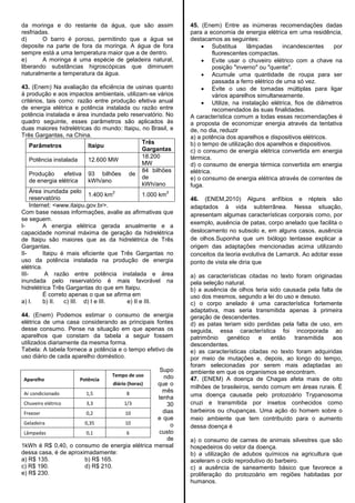 da moringa e do restante da água, que são assim
resfriadas.
d) O barro é poroso, permitindo que a água se
deposite na parte de fora da moringa. A água de fora
sempre está a uma temperatura maior que a de dentro.
e) A moringa é uma espécie de geladeira natural,
liberando substâncias higroscópicas que diminuem
naturalmente a temperatura da água.
43. (Enem) Na avaliação da eficiência de usinas quanto
à produção e aos impactos ambientais, utilizam-se vários
critérios, tais como: razão entre produção efetiva anual
de energia elétrica e potência instalada ou razão entre
potência instalada e área inundada pelo reservatório. No
quadro seguinte, esses parâmetros são aplicados às
duas maiores hidrelétricas do mundo: Itaipu, no Brasil, e
Três Gargantas, na China.
Parâmetros Itaipu
Três
Gargantas
Potência instalada 12.600 MW
18.200
MW
Produção efetiva
de energia elétrica
93 bilhões de
kWh/ano
84 bilhões
de
kWh/ano
Área inundada pelo
reservatório
1.400 km
2
1.000 km
2
Internet: <www.itaipu.gov.br>.
Com base nessas informações, avalie as afirmativas que
se seguem.
I- A energia elétrica gerada anualmente e a
capacidade nominal máxima de geração da hidrelétrica
de Itaipu são maiores que as da hidrelétrica de Três
Gargantas.
II- Itaipu é mais eficiente que Três Gargantas no
uso da potência instalada na produção de energia
elétrica.
III- A razão entre potência instalada e área
inundada pelo reservatório é mais favorável na
hidrelétrica Três Gargantas do que em Itaipu.
É correto apenas o que se afirma em
a) I. b) II. c) III. d) I e III. e) II e III.
44. (Enem) Podemos estimar o consumo de energia
elétrica de uma casa considerando as principais fontes
desse consumo. Pense na situação em que apenas os
aparelhos que constam da tabela a seguir fossem
utilizados diariamente da mesma forma.
Tabela: A tabela fornece a potência e o tempo efetivo de
uso diário de cada aparelho doméstico.
Supo
ndo
que o
mês
tenha
30
dias
e que
o
custo
de
1kWh é R$ 0,40, o consumo de energia elétrica mensal
dessa casa, é de aproximadamente:
a) R$ 135. b) R$ 165.
c) R$ 190. d) R$ 210.
e) R$ 230.
45. (Enem) Entre as inúmeras recomendações dadas
para a economia de energia elétrica em uma residência,
destacamos as seguintes:
 Substitua lâmpadas incandescentes por
fluorescentes compactas.
 Evite usar o chuveiro elétrico com a chave na
posição "inverno" ou "quente".
 Acumule uma quantidade de roupa para ser
passada a ferro elétrico de uma só vez.
 Evite o uso de tomadas múltiplas para ligar
vários aparelhos simultaneamente.
 Utilize, na instalação elétrica, fios de diâmetros
recomendados às suas finalidades.
A característica comum a todas essas recomendações é
a proposta de economizar energia através da tentativa
de, no dia, reduzir
a) a potência dos aparelhos e dispositivos elétricos.
b) o tempo de utilização dos aparelhos e dispositivos.
c) o consumo de energia elétrica convertida em energia
térmica.
d) o consumo de energia térmica convertida em energia
elétrica.
e) o consumo de energia elétrica através de correntes de
fuga.
46. (ENEM,2010) Alguns anfíbios e répteis são
adaptados à vida subterrânea. Nessa situação,
apresentam algumas características corporais como, por
exemplo, ausência de patas, corpo anelado que facilita o
deslocamento no subsolo e, em alguns casos, ausência
de olhos.Suponha que um biólogo tentasse explicar a
origem das adaptações mencionadas acima utilizando
conceitos da teoria evolutiva de Lamarck. Ao adotar esse
ponto de vista ele diria que
a) as características citadas no texto foram originadas
pela seleção natural.
b) a ausência de olhos teria sido causada pela falta de
uso dos mesmos, segundo a lei do uso e desuso.
c) o corpo anelado é uma característica fortemente
adaptativa, mas seria transmitida apenas à primeira
geração de descendentes.
d) as patas teriam sido perdidas pela falta de uso, em
seguida, essa característica foi incorporada ao
patrimônio genético e então transmitida aos
descendentes.
e) as características citadas no texto foram adquiridas
por meio de mutações e, depois, ao longo do tempo,
foram selecionadas por serem mais adaptadas ao
ambiente em que os organismos se encontram.
47. (ENEM) A doença de Chagas afeta mais de oito
milhões de brasileiros, sendo comum em áreas rurais. É
uma doença causada pelo protozoário Trypanosoma
cruzi e transmitida por insetos conhecidos como
barbeiros ou chupanças. Uma ação do homem sobre o
meio ambiente que tem contribuído para o aumento
dessa doença é
a) o consumo de carnes de animais silvestres que são
hospedeiros do vetor da doença.
b) a utilização de adubos químicos na agricultura que
aceleram o ciclo reprodutivo do barbeiro.
c) a ausência de saneamento básico que favorece a
proliferação do protozoário em regiões habitadas por
humanos.
Aparelho Potência
Tempo de uso
diário (horas)
Ar condicionado 1,5 8
Chuveiro elétrico 3,3 1/3
Freezer 0,2 10
Geladeira 0,35 10
Lâmpadas 0,1 6
 