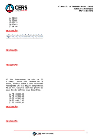 www.cers.com.br
COMISSÃO DE VALORES MOBILIÁRIOS
Matemática Financeira
Marcos Luciano
5
(A) 12.500
(B) 15.802
(C) 16.275
(D) 17.029
(E) 14.186
RESOLUÇÃO:
RESOLUÇÃO:
RESOLUÇÃO:
16. Um financiamento no valor de R$
100.000,00 possui uma carência de 18
meses, incidindo sobre o valor financiado,
nesse prazo, uma taxa de juros compostos de
1% ao mês. Calcule o valor mais próximo do
saldo devedor ao fim do prazo de carência.
(A) R$ 100.000,00
(B) R$ 112.000,00
(C) R$ 112.683,00
(D) R$ 119.615,00
(E) R$ 118.000,00
RESOLUÇÃO:
RESOLUÇÃO:
 