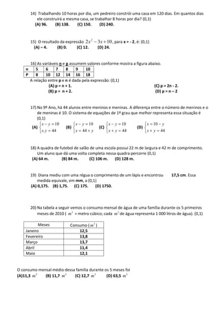 14) Trabalhando 10 horas por dia, um pedreiro constrói uma casa em 120 dias. Em quantos dias
         ele construirá a mesma casa, se trabalhar 8 horas por dia? (0,1)
        (A) 96.    (B) 138.   (C) 150.      (D) 240.


      15) O resultado da expressão 2 x 2      3x 10 , para x = - 2, é: (0,1)
        (A) – 4.    (B) 0.     (C) 12.        (D) 24.


      16) As variáveis n e p assumem valores conforme mostra a figura abaixo.
    n    5     6     7     8    9    10
    P    8     10 12 14 16 18
      A relação entre p e n é dada pela expressão: (0,1)
                 (A) p = n + 1.                                          (C) p = 2n - 2.
                 (B) p = n + 2.                                           (D) p = n – 2


      17) No 9º Ano, há 44 alunos entre meninos e meninas. A diferença entre o número de meninos e o
          de meninas é 10. O sistema de equações de 1º grau que melhor representa essa situação é
          (0,1)
             x y 10            x y 10           x y 10              x 10 y
       (A)               (B)               (C)                  (D)
             x. y 44           x 44 y           x y 44              x y 44


      18) A quadra de futebol de salão de uma escola possui 22 m de largura e 42 m de comprimento.
          Um aluno que dá uma volta completa nessa quadra percorre (0,1)
       (A) 64 m.       (B) 84 m.       (C) 106 m.   (D) 128 m.


      19) Diana mediu com uma régua o comprimento de um lápis e encontrou           17,5 cm. Essa
          medida equivale, em mm, a (0,1)
      (A) 0,175. (B) 1,75. (C) 175.     (D) 1750.



      20) Na tabela a seguir vemos o consumo mensal de água de uma família durante os 5 primeiros
          meses de 2010 ( m 3 = metro cúbico; cada m 3 de água representa 1 000 litros de água). (0,1)

           Meses            Consumo ( m 3 )
    Janeiro                     12,5
    Fevereiro                   13,8
    Março                       13,7
    Abril                       11,4
    Maio                        12,1


O consumo mensal médio dessa família durante os 5 meses foi
(A)11,3 m 3  (B) 11,7 m 3   (C) 12,7 m 3      (D) 63,5 m 3
 