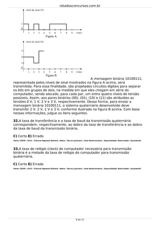 32.
33.
A mensagem binária 10100111,
representada pelos níveis de sinal mostrados na figura A acima, será
transmitida. Para essa finalidade, são projetados circuitos digitais para separar
os bits em grupos de dois, na medida em que eles chegam em série do
computador, sendo alocado, para cada par, um entre quatro níveis de tensão
possíveis. Assim, aos pares binários (00), (01), (10) e (11) são atribuídas as
tensões 0 V, 1 V, 2 V e 3 V, respectivamente. Dessa forma, para enviar a
mensagem binária 10100111, o sistema quaternário desenvolvido deve
transmitir 2 V, 2 V, 1 V e 3 V, conforme ilustrado na figura B acima. Com base
nessas informações, julgue os itens seguintes.
A taxa de transferência e a taxa de baud da transmissão quaternária
correspondem, respectivamente, ao dobro da taxa de transferência e ao dobro
da taxa de baud da transmissão binária.
C) Certo E) Errado
Fonte: CESPE / 2010 / Tribunal Regional Eleitoral / Bahia / Técnico Judicário - Área Administrativa - Especialidade: Eletricidade / Questão:84
A taxa de relógio (clock) do computador necessária para transmissão
binária é a metade da taxa de relógio do computador para transmissão
quaternária.
C) Certo E) Errado
Fonte: CESPE / 2010 / Tribunal Regional Eleitoral / Bahia / Técnico Judicário - Área Administrativa - Especialidade: Eletricidade / Questão:85
rotadosconcursos.com.br
8 de 12
 