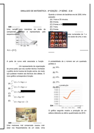 h(x) = (0,5)
SIMULADO DE MATEMÁTICA – 8ª EDIÇÃO – 3ª SÉRIE – E.M
Quando o número de bactérias era de 3200, tinha
passado:
(A) 1 hora e 30 minutos.
(B) 3 horas.
(C) 2 horas e 30 minutos.
D28 –––––––––– QUESTÃO 09 ––––––––––
Uma rampa para manobras de skate de
campeonato mundial é representada pelo
esquema abaixo:
(D) 1 hora.
(E) 2 horas.
D33 –––––––––– QUESTÃO 11 ––––––––––
Uma urna contém 100 bolas numeradas de 1 a
100. Uma bola é extraída ao acaso da urna, e seu
número é observado.
A parte da curva está associada a função
x−2
. Um representante da organização
da prova pediu que seu auxiliar técnico montasse
o gráfico da lei inversa da função acima, de modo
que pudesse mostrar aos técnicos dos atletas. O
novo gráfico corresponde à função:
A probabilidade de o número ser um quadrado
perfeito é:
(A) 50%
(B) 9%
(C) 10%
(A)
(B)
(C)
(D)
(E)
f
f
f
f
f
−1
−1
−1
−1
−1
(x) = 1+ log(0,5) x
(x) = 2 + log(0,5) x
(x) = log(0,5) x
(x) = logx 0,5
(x) = log(0,5)(x − 2)
(D) 25%
(E) 30%
D34 –––––––––– QUESTÃO 12 ––––––––––
O gráfico seguinte mostra a produção de um
editora referente ao último quadrimestre de 2010.
D29 –––––––––– QUESTÃO 10 ––––––––––
Uma maionese mal conservada causou mal-
estar nos freqüentadores de um clube. Uma
 