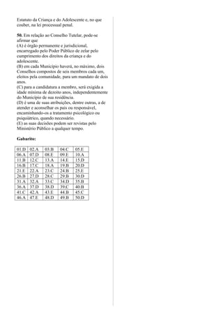 Estatuto da Criança e do Adolescente e, no que
couber, na lei processual penal.
50. Em relação ao Conselho Tutelar, pode-se
afirmar que
(A) é órgão permanente e jurisdicional,
encarregado pelo Poder Público de zelar pelo
cumprimento dos direitos da criança e do
adolescente.
(B) em cada Município haverá, no máximo, dois
Conselhos compostos de seis membros cada um,
eleitos pela comunidade, para um mandato de dois
anos.
(C) para a candidatura a membro, será exigida a
idade mínima de dezoito anos, independentemente
do Município de sua residência.
(D) é uma de suas atribuições, dentre outras, a de
atender e aconselhar os pais ou responsável,
encaminhando-os a tratamento psicológico ou
psiquiátrico, quando necessário.
(E) as suas decisões podem ser revistas pelo
Ministério Público a qualquer tempo.
Gabarito:
01.D 02.A 03.B 04.C 05.E
06.A 07.D 08.E 09.E 10.A
11.B 12.C 13.A 14.E 15.D
16.B 17.C 18.A 19.B 20.D
21.E 22.A 23.C 24.B 25.E
26.B 27.D 28.C 29.B 30.D
31.A 32.A 33.C 34.D 35.B
36.A 37.D 38.D 39.C 40.B
41.C 42.A 43.E 44.B 45.C
46.A 47.E 48.D 49.B 50.D
 