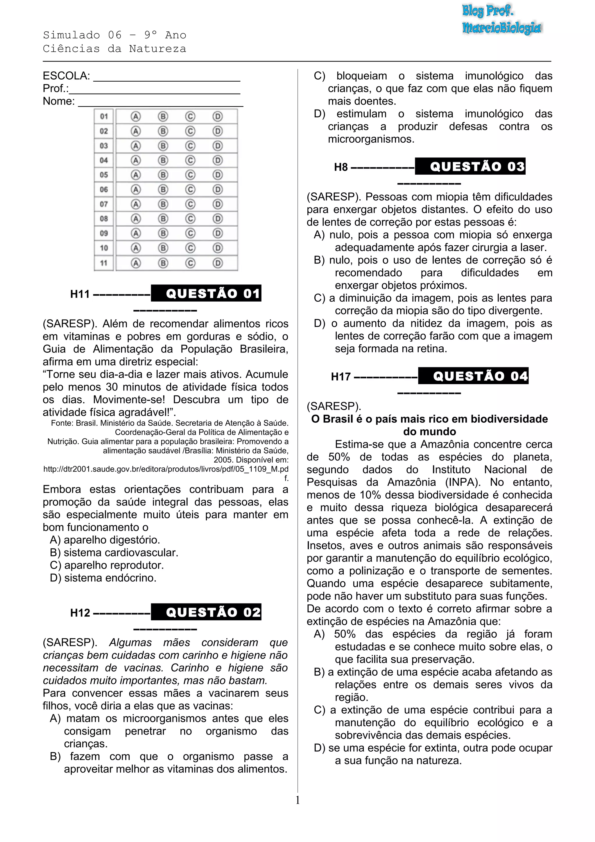 Simulado 06 (ciências 9º ano) | DOC
