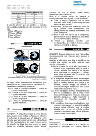 Simulado 09 – 9º Ano
Ciências da Natureza
É correto afirmar que os satélites e planetas
apresentados nesta tabela mais próximos à Terra
são:
A) Lua e Mercúrio.
B) Vênus e Marte.
C) Lua e Vênus.
D) Lua e Marte.
H30 ––––––––– QUESTÃO 06
––––––––––
(SARESP).
Fonte: O MUNDO da lua. (adaptado). Disponível em:
<http://www.canalkids.com.br/cultura/ciencias/astronomia/lua.htm>.
Acesso em: 3 nov. 2008.
Na figura, estão representadas as fases da Lua,
na seqüência em que ocorrem no Hemisfério Sul.
Essas fases recebem os nomes de:
A) A – cheia; B – quarto crescente; C – nova; D
– quarto minguante.
B) A – cheia; B – quarto minguante; C – nova; D
– quarto crescente.
C) A – nova; B – quarto crescente; C – cheia; D
– quarto minguante.
D) A – nova; B – quarto minguante; C – cheia; D
– quarto crescente.
H31 –––––––––– QUESTÃO 07
––––––––––
(SARESP). A esquistossomose é uma doença
que provoca várias lesões no fígado, no intestino
e na bexiga. É causada por um pequeno verme
parasita que, para desenvolver suas várias fases
de vida, necessita tanto do corpo humano como
de caracóis de água doce que vivem em valas,
canais de irrigação, represas, poças fundas,
margens de rios e lagoas, sendo pouco
encontrado nas correntezas.
Qual é a melhor forma de prevenir a
esquistossomose, sem agredir o meio ambiente?
A) Tratar o esgoto impedindo que os ovos
liberados pelas fezes e urina cheguem aos
locais de água parada.
B) Combater caracóis que vivem em locais de
água parada com substâncias que
desequilibram as cadeias alimentares das
quais participam.
C) Tratar os rios com injeção de ar comprimido
para oxigenar a água corrente e possibilitar
o desenvolvimento de animais.
D) Tratar as pessoas doentes, com
medicamentos que matem formas adultas
no fígado, intestino ou bexiga.
H6 –––––––––– QUESTÃO 08
––––––––––
(SARESP). Quando alguém nos toca nas costas,
intencionalmente nos viramos para atender o
chamado.
Assinale a alternativa que traz a seqüência de
eventos que resulta na ação “virar-se para
atender o chamado”.
A) Os receptores de toque são estimulados e
enviam uma mensagem elétrica para o
cérebro através dos nervos e da medula.
Após interpretar a mensagem, o cérebro
envia uma resposta para o músculo que
provocará o movimento.
B) Os receptores da pele recebem a mensagem
e, após interpretá-la, enviam sinais elétricos
para o cérebro através dos nervos e da
medula. Quando chega ao cérebro a
mesma mensagem é reenviada para o local
onde será executada a ação.
C) O toque nas costas estimula os receptores de
pressão localizados na pele e estes enviam
sinais elétricos para os músculos através da
corrente sanguínea. Após interpretar a
mensagem, os músculos executam o
movimento.
D) Os receptores de pressão localizados na pele
recebem a mensagem e, após interpretá-la,
enviam sinais elétricos para a medula
através dos nervos. A própria medula
reenvia a mensagem para o local do toque,
o que provoca o movimento.
H26 –––––––––– QUESTÃO 09
––––––––––
(SARESP). O choque elétrico é a reação do
organismo à passagem da corrente elétrica.
2
 