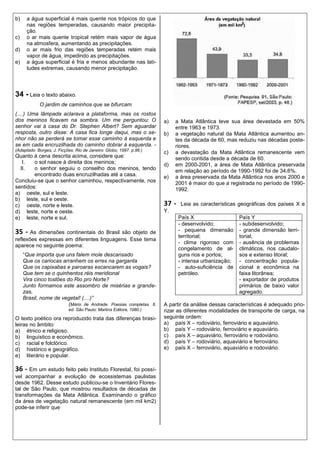 b)    a água superficial é mais quente nos trópicos do que
      nas regiões temperadas, causando maior precipita-
      ção.
c)    o ar mais quente tropical retém mais vapor de água
      na atmosfera, aumentando as precipitações.
d)    o ar mais frio das regiões temperadas retém mais
      vapor de água, impedindo as precipitações.
e)    a água superficial é fria e menos abundante nas lati-
      tudes extremas, causando menor precipitação.



34 - Leia o texto abaixo.
            O jardim de caminhos que se bifurcam
(....) Uma lâmpada aclarava a plataforma, mas os rostos
dos meninos ficavam na sombra. Um me perguntou: O                    a)   a Mata Atlântica teve sua área devastada em 50%
senhor vai à casa do Dr. Stephen Albert? Sem aguardar                     entre 1963 e 1973.
resposta, outro disse: A casa fica longe daqui, mas o se-            b)   a vegetação natural da Mata Atlântica aumentou an-
nhor não se perderá se tomar esse caminho à esquerda e                    tes da década de 60, mas reduziu nas décadas poste-
se em cada encruzilhada do caminho dobrar à esquerda. -                   riores.
(Adaptado. Borges, J. Ficções. Rio de Janeiro: Globo, 1997. p.96.)
                                                                     c)   a devastação da Mata Atlântica remanescente vem
Quanto à cena descrita acima, considere que:                              sendo contida desde a década de 60.
   I.   o sol nasce à direita dos meninos;                           d)   em 2000-2001, a área de Mata Atlântica preservada
  II.   o senhor seguiu o conselho dos meninos, tendo                     em relação ao período de 1990-1992 foi de 34,6%.
        encontrado duas encruzilhadas até a casa.                    e)   a área preservada da Mata Atlântica nos anos 2000 e
Concluiu-se que o senhor caminhou, respectivamente, nos                   2001 é maior do que a registrada no período de 1990-
sentidos:                                                                 1992.
a) oeste, sul e leste.
b) leste, sul e oeste.
c) oeste, norte e leste.                                             37 -   Leia as características   geográficas dos países X e
d) leste, norte e oeste.                                             Y.País X País Y
e) leste, norte e sul.                                                    País X                      País Y
                                                                          - desenvolvido;             - subdesenvolvido;
35 - As   dimensões continentais do Brasil são objeto de                  - pequena dimensão          - grande dimensão terri-
                                                                          territorial;                torial;
reflexões expressas em diferentes linguagens. Esse tema
                                                                          - clima rigoroso com        - ausência de problemas
aparece no seguinte poema:
                                                                          congelamento de al-         climáticos, rios caudalo-
     “Que importa que uns falem mole descansado                           guns rios e portos;         sos e extenso litoral;
     Que os cariocas arranhem os erres na garganta                        - intensa urbanização;      - concentração popula-
     Que os capixabas e paroaras escancarem as vogais?                    - auto-suficiência de       cional e econômica na
     Que tem se o quinhentos réis meridional                              petróleo.                   faixa litorânea;
     Vira cinco tostões do Rio pro Norte?                                                             - exportador de produtos
     Junto formamos este assombro de misérias e grande-                                               primários de baixo valor
     zas,                                                                                             agregado.
     Brasil, nome de vegetal! (....)”
                         (Mário de Andrade. Poesias completas. 6.    A partir da análise dessas características é adequado prio-
                           ed. São Paulo: Martins Editora, 1980.)    rizar as diferentes modalidades de transporte de carga, na
O texto poético ora reproduzido trata das diferenças brasi-          seguinte ordem:
leiras no âmbito:                                                    a) país X – rodoviário, ferroviário e aquaviário.
a) étnico e religioso.                                               b) país Y – rodoviário, ferroviário e aquaviário.
b) linguístico e econômico.                                          c) país X – aquaviário, ferroviário e rodoviário.
c) racial e folclórico.                                              d) país Y – rodoviário, aquaviário e ferroviário.
d) histórico e geográfico.                                           e) país X – ferroviário, aquaviário e rodoviário.
e) literário e popular.

36 - Em um estudo feito pelo Instituto Florestal, foi possí-
vel acompanhar a evolução de ecossistemas paulistas
desde 1962. Desse estudo publicou-se o Inventário Flores-
tal de São Paulo, que mostrou resultados de décadas de
transformações da Mata Atlântica. Examinando o gráfico
da área de vegetação natural remanescente (em mil km2)
pode-se inferir que
 