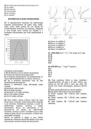 20. El medio de locomoción de las brujas son:
a) Un cepillo
b) Una basura
c) Una escoba
d) Un ómnibus
e) Un caballo.

      MATEMÁTICA E SUAS TECNOLOGIAS

21. O departamento financeiro de determinada
empresa transportadora de grãos (soja, feijão,
milho, arroz, entre outros) fez um estudo do
comportamento financeiro da empresa, chegando
a uma função lucro mensal em relação a x
toneladas transportadas que está representada a
seguir:

    4500 0


   4000 0                                                   a) Joana, é o gráfico 4.
    3500 0
                                                            b) Bruno, é o gráfico 1.
   3000 0
                                                            c) Joana, é o gráfico 3.
                                                            d) Bruno, é gráfico 2.
    2500 0
                                                            e) Joana, é o gráfico 5.
   2000 0


    1500 0                                                  23. (PUC-RS) Se 5x-1 + 5x+1= 26, então 15-x2 vale:
    10000
                                                            a) 16
                                                            b) 15
     5000
                                                            c) 14
        0
             0     2 00                   40 0        600   d) 11
                 ( T o ne l a d a s d e g r ã o s )
                                                            e) 6
                                                                                16
                                                            24. (ITA-SP) log2        – log4 256 é igual a:
                                                            a) 1
Considere as afirmações:                                    b) 0
I. R$ 40.000,00 é o lucro máximo da empresa.                c) -2
II. O ponto de máximo da função é 500.                      d) -1
III. A empresa transportando 100 tonelada/mês ou            e) 4
mais e 500 toneladas/mês ou menos, terá lucro.
IV. Se a empresa transportar mais de 500                    25. Dois operários, Pedro e José, trabalham
toneladas/mês terá prejuízo.                                respectivamente, 35 dias e 23 dias. Pedro, que
Marque a alternativa cujas afirmações estão                 ganha por dia R$ 10,00 a mais que José. De
corretas:                                                   acordo com essas informações, podemos afirmar
a) Somente I está correta.                                  que:
b) I,II,III estão corretas.                                 a) Pedro ganha R$ 40,00 por dia de trabalho.
c) Somente I e IV estão corretas.                           b)José ganha R$ 50,00 por dia de trabalho.
d) I,II e IXV estão corretas                                c) Pedro recebeu R$ 1.400,00 pelo trabalho
e) I,II e IV estão corretas.                                realizado.
                                                            d) Pedro recebeu R$ 1.750,00 pelo trabalho
22. Dois irmãos, Joana e Bruno, saem de casa                realizado.
juntos para ir à escola. Joana pensa estar atrasada         e) José recebeu R$ 1.150,00 pelo trabalho
e sai correndo. Sentindo-se cansada, a partir de            realizado.
determinado      instante,   continua   o     trajeto
caminhando. Bruno sai caminhando e ao
aproximar-se da escola, em determinado
momento, começa a correr. Considere que os dois
irmãos quando correm ou caminham, o fazem com
velocidade constante.
Dentre os gráficos a seguir o que melhor
representa a distancia percorrida desde a sua casa
até a escola, durante o tempo de percurso de:
 