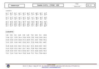 Visto:
__________________
Diretor do IIC
CURSO CIDADE
SCLN 113 - Bloco C - Salas 207 / 210 - Tel.: 3340-0433 / 4102-6781 / 3201-0432 / 9975-4464 (Vivo) / 8175-4509 (Tim)
www.iic.pro.br / cursocidade@iic.pro.br
Simulado EsFCEx – CFO/QC –2020 PÁG - 18
Administração
GABARITO
01: 02: 03: 04: 05: 06: 07: 08: 09: 10:
11: 12: 13: 14: 15: 16: 17: 18: 19: 20:
21: 22: 23: 24: 25: 26: 27: 28: 29: 30:
31: 32: 33: 34: 35: 36: 37: 38: 39: 40:
41: 42: 43: 44: 45: 46: 47: 48: 49: 50:
51: 52: 53: 54: 55: 56: 57: 58: 59: 60:
61: 62: 63: 64: 65: 66: 67: 68: 69: 70:
71: 72: 73: 74: 75: 76: 77: 78: 79: 80:
GABARITO
1) B 2) D 3) C 4) B 5) B 6) B 7) D 8) B 9) E 10) B
11) B 12) C 13) D 14) A 15) B 16) D 17) E 18) D 19) B 20) A
21) D 22) D 23) D 24) D 25) A 26) D 27) C 28) E 29) B 30) A
31) A 32) E 33) B 34) E 35) D 36) E 37) D 38) B 39) C 40) C
41) B 42) B 43) E 44) C 45) A 46) C 47) A 48) D 49) C 50) C
51) A 52) D 53) A 54) E 55) C 56) E 57) B 58) A 59) A 60) C
61) B 62) D 63) E 64) A 65) B 66) C 67) A 68) B 69) B 70) A
71) C 72) D 73) D 74) A 75) B 76) B 77) C 78) A 79) B 80) A
 