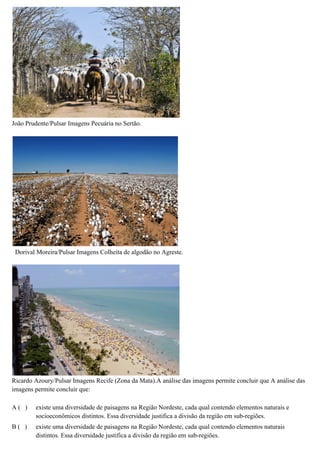 João Prudente/Pulsar Imagens Pecuária no Sertão.

Dorival Moreira/Pulsar Imagens Colheita de algodão no Agreste.

Ricardo Azoury/Pulsar Imagens Recife (Zona da Mata).A análise das imagens permite concluir que A análise das
imagens permite concluir que:
A( )

existe uma diversidade de paisagens na Região Nordeste, cada qual contendo elementos naturais e
socioeconômicos distintos. Essa diversidade justifica a divisão da região em sub-regiões.

B( )

existe uma diversidade de paisagens na Região Nordeste, cada qual contendo elementos naturais
distintos. Essa diversidade justifica a divisão da região em sub-regiões.

 