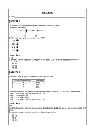 SIMULADO 9
Nome:__________________________________________________________________
QUESTÃO 1
D21
Os números decimais podem ser representados na reta numérica.
Observe a reta abaixo.
Qual é o símbolo que representa o valor 36,7?
QUESTÃO 2
D 22
O dono da padaria trocou R$ 7,00 por moedas de R$ 0,25. Quantas moedas ele recebeu?
(A) 14
(B) 21
(C) 35
(D) 28
QUESTÃO 3
D23
Mamãe foi à feira. Veja na tabela o dinheiro que ela tem.
Quantidade de Notas Valor (R$)
4 10,00
5 5,00
6 1,00
Quais as notas que ela poderá usar para pagar uma compra de R$ 7,00, sem receber troco?
(A) 1 nota de R$ 5,00 e 2 notas de R$ 1,00.
(B) 2 notas de R$ 5,00.
(C) 1 nota de R$ 10,00.
(D) 1 nota de R$ 5,00 e 3 notas de R$ 1,00.
QUESTÃO 4
D24
Em Belo Horizonte, a temperatura máxima de sábado foi de 28,3 graus e a de domingo foi de 26,7
graus.
De quantos graus é a diferença entre as duas temperaturas?
(A) 1,4
(B) 1,6
(C) 2,4
(D) 2,6
 